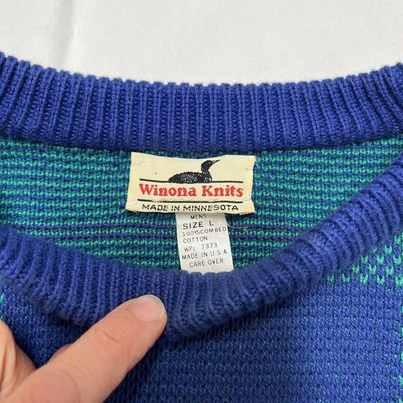 Vintage Winona Knits Mens L Plaid Sweater Grandpa Pullover Blue Green Red Check - Picture 3 of 7